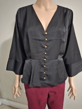 Black V-Neck Button Peplum Blouse with Gold Buttons
